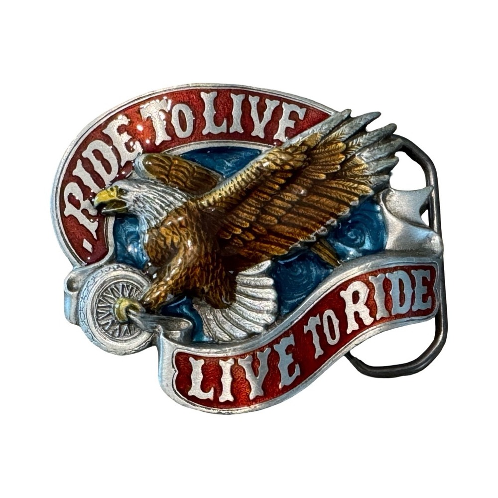 Vintage 1982 Baron Buckles Ride to Live Live to Ride Eagle Belt Buckle 1036 USA